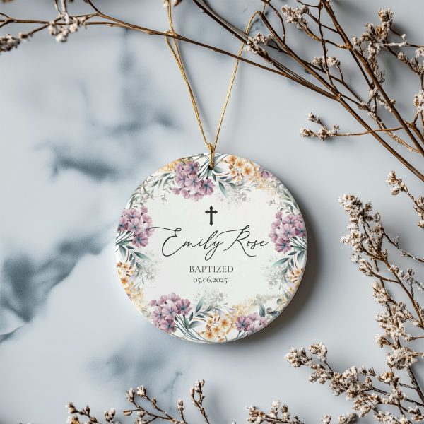 Personalized Baptism Ornament, Elegant Floral Gift for Baby Girl