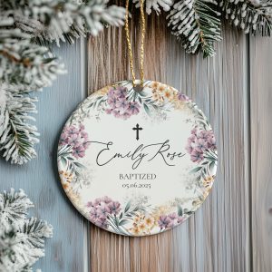 Personalized Baptism Ornament, Elegant Floral Gift for Baby Girl