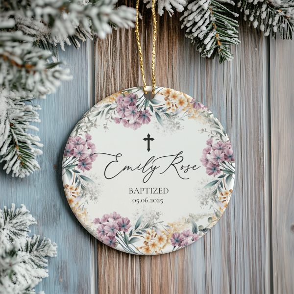 Personalized Baptism Ornament, Elegant Floral Gift for Baby Girl