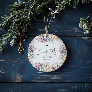 Personalized Baptism Ornament, Elegant Floral Gift for Baby Girl