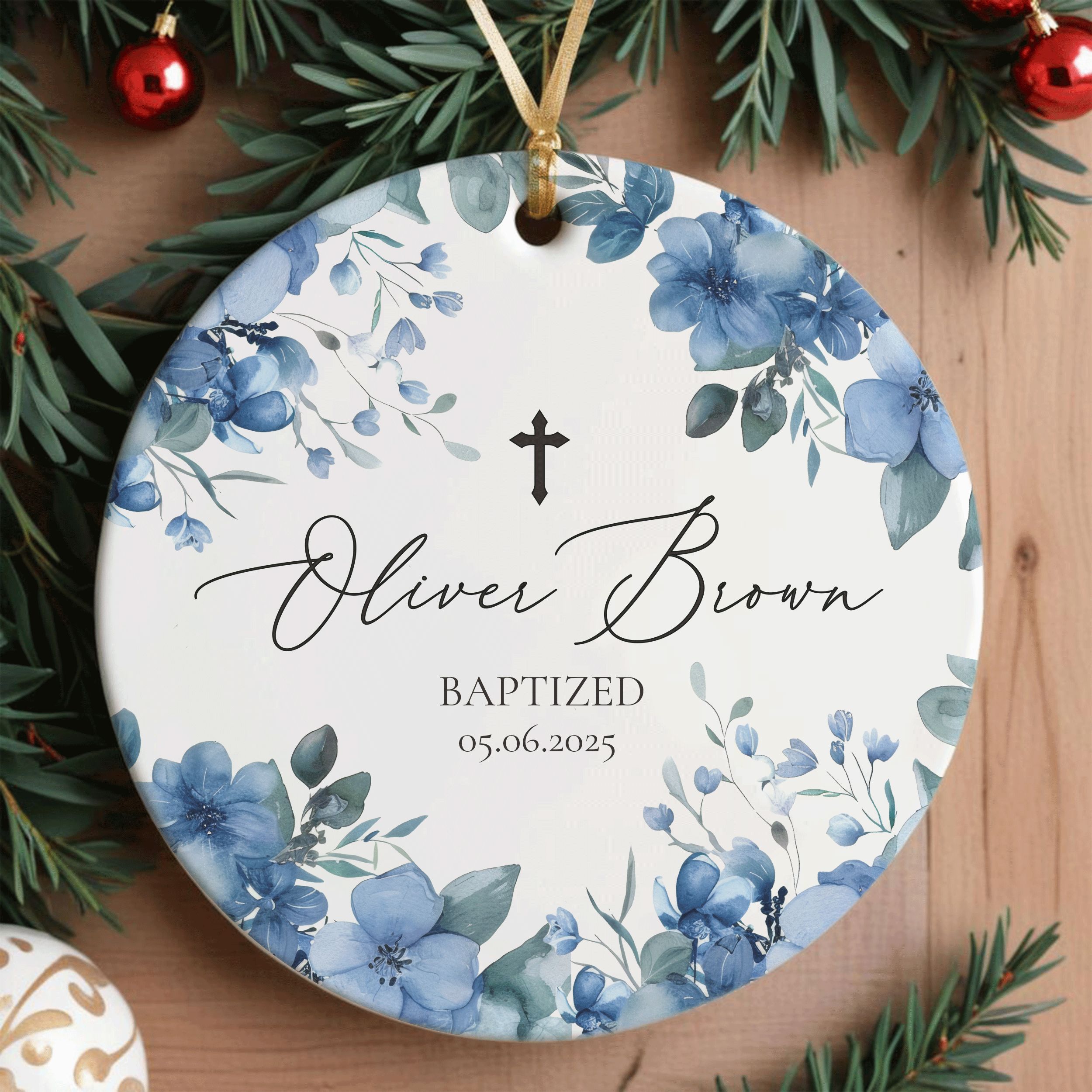 Name-Baprized-Design-2_0000_Group-1 Personalized Baptism Gift for Baby Boy, Floral Baptism Ornament