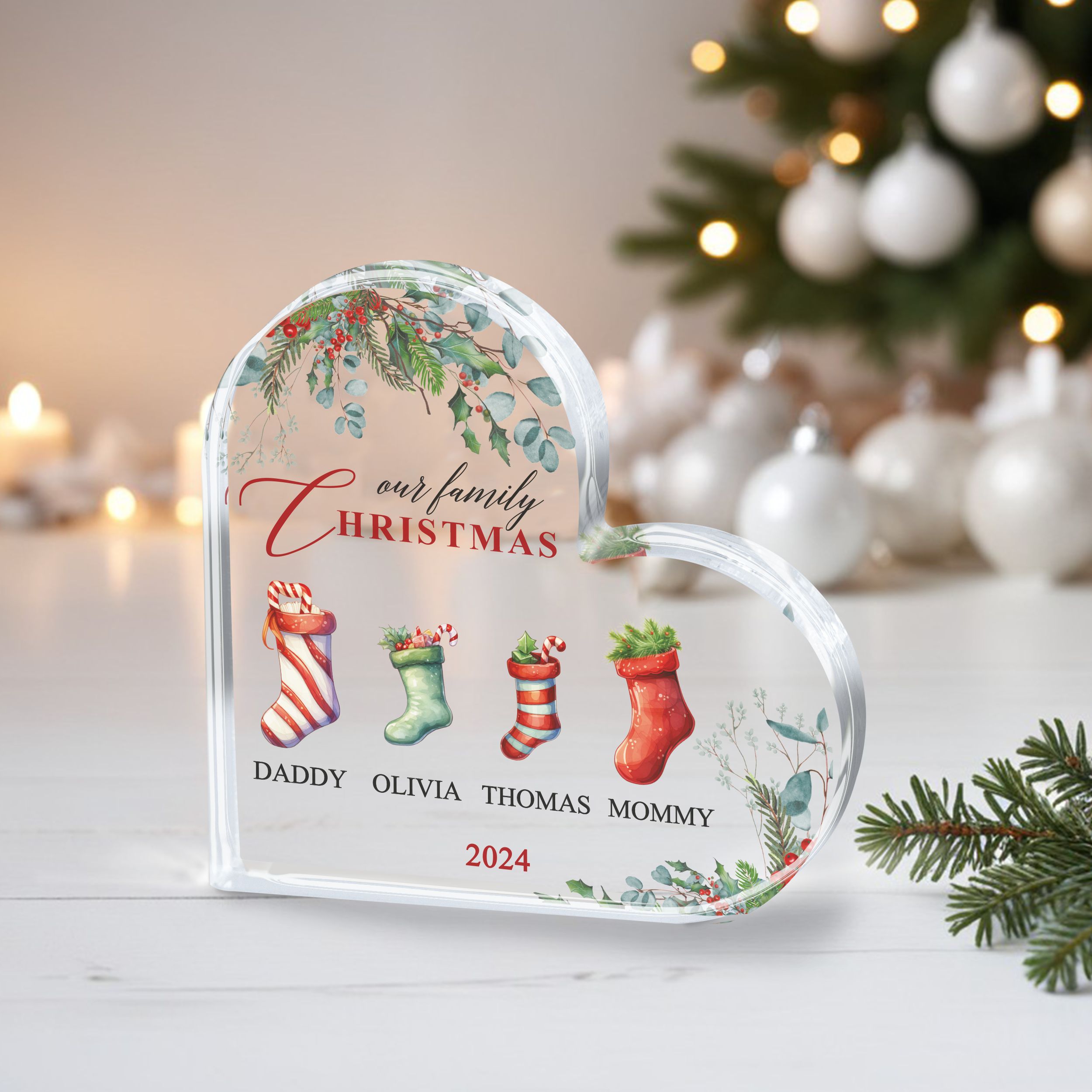 Our Family Christmas - Heart 4 Personalized Family Christmas Gift, Family Christmas Plaque