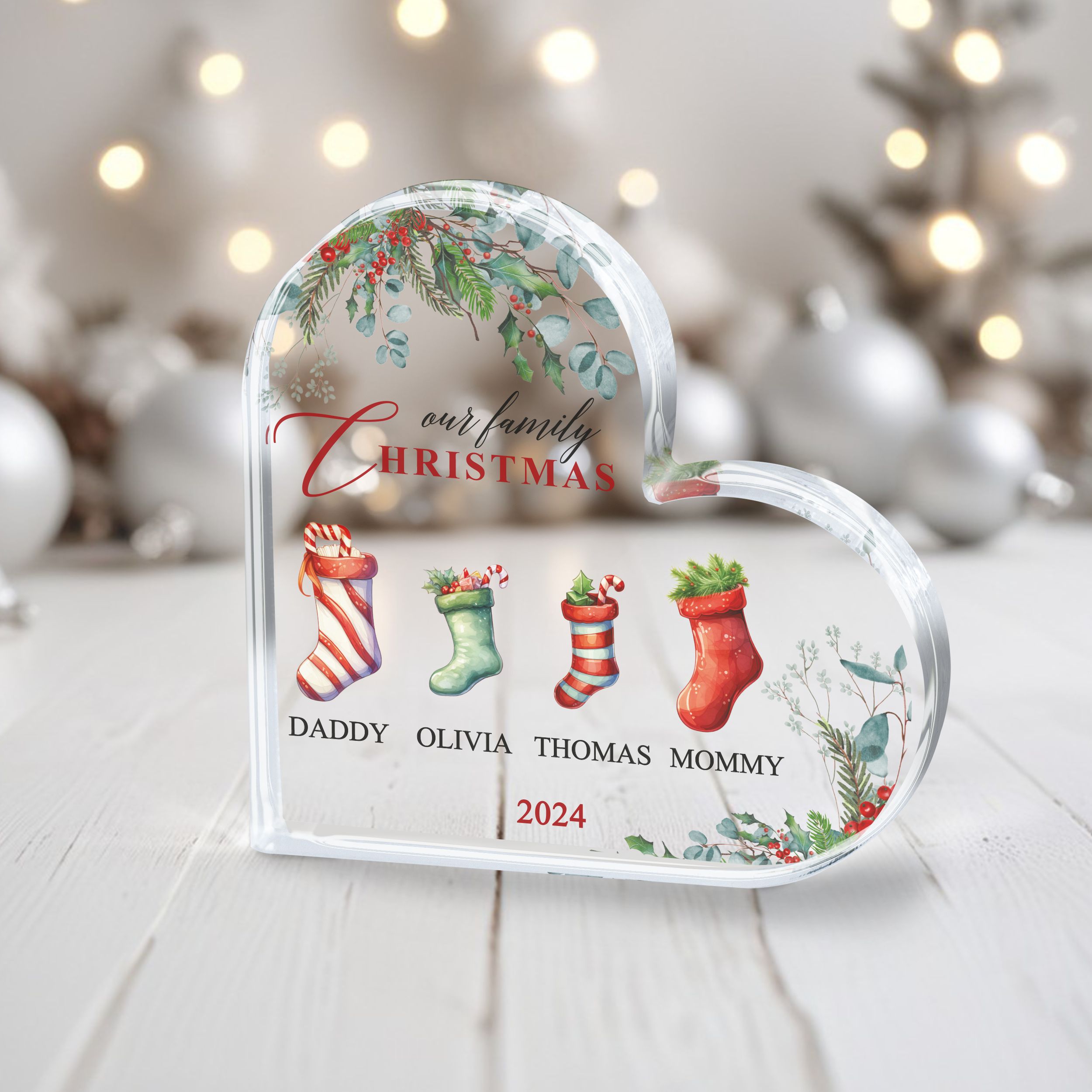 Our Family Christmas - Heart 5 Personalized Family Christmas Gift, Family Christmas Plaque