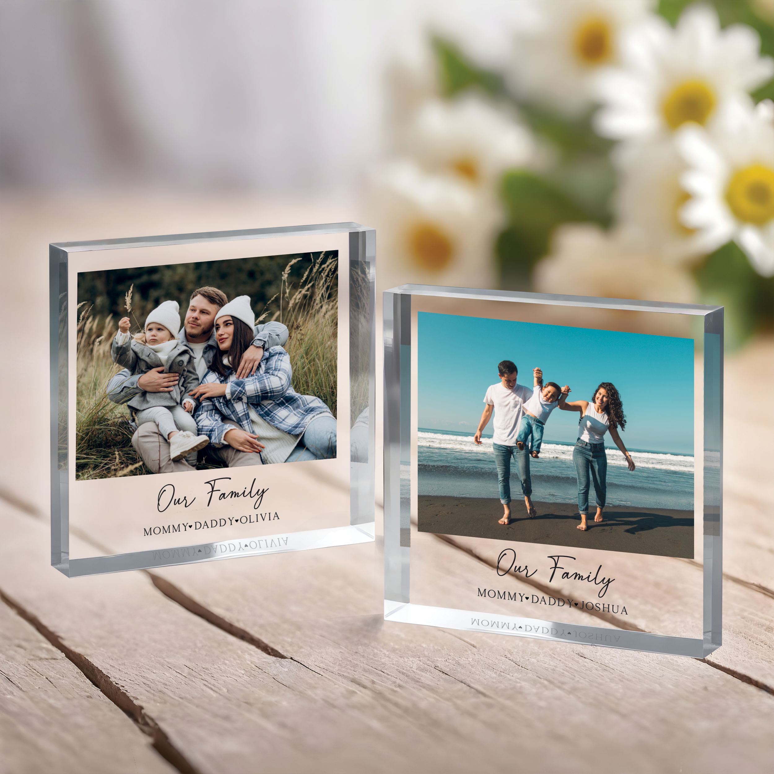 Our Family Square Plaque 3 Custom Photo Family Gift, Personalized Photo Acrylic Block
