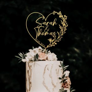 Heart Wreath Wedding Cake Topper, Custom Name Cake Topper
