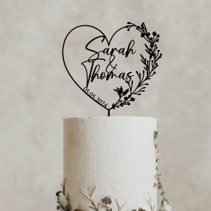Heart Wreath Wedding Cake Topper, Custom Name Cake Topper