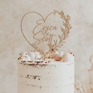 Heart Wreath Wedding Cake Topper, Custom Name Cake Topper