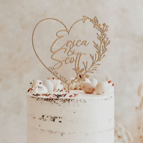 Heart Wreath Wedding Cake Topper, Custom Name Cake Topper