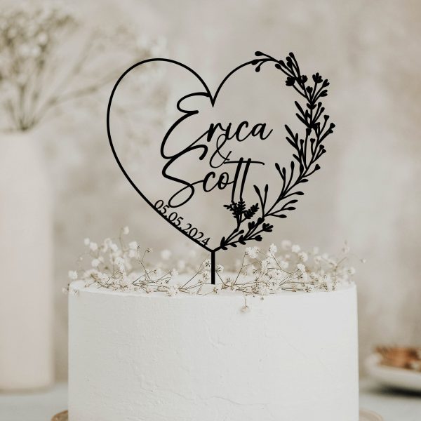 Heart Wreath Wedding Cake Topper, Custom Name Cake Topper