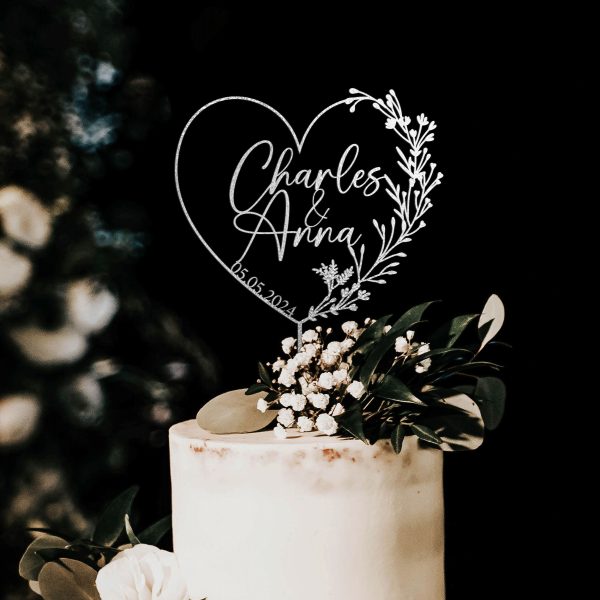 Heart Wreath Wedding Cake Topper, Custom Name Cake Topper