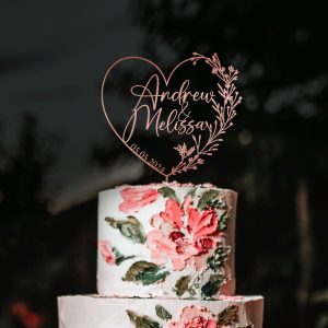 Heart Wreath Wedding Cake Topper, Custom Name Cake Topper