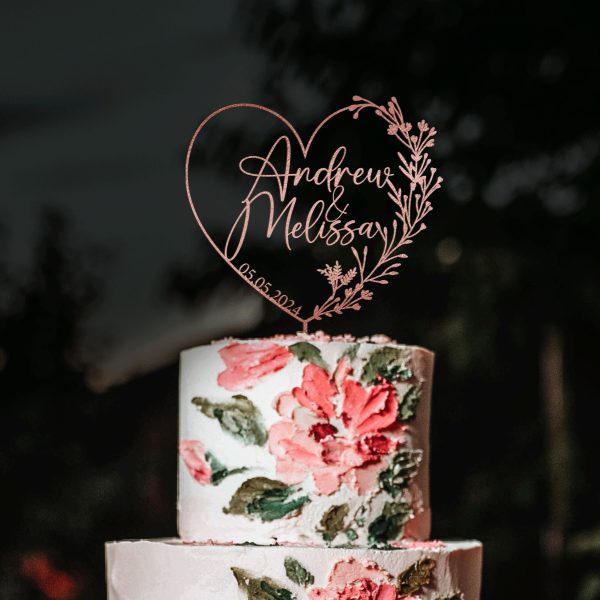Heart Wreath Wedding Cake Topper, Custom Name Cake Topper
