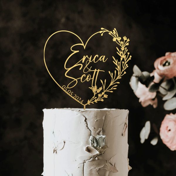 Heart Wreath Wedding Cake Topper, Custom Name Cake Topper
