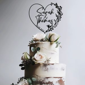 Heart Wreath Wedding Cake Topper, Custom Name Cake Topper
