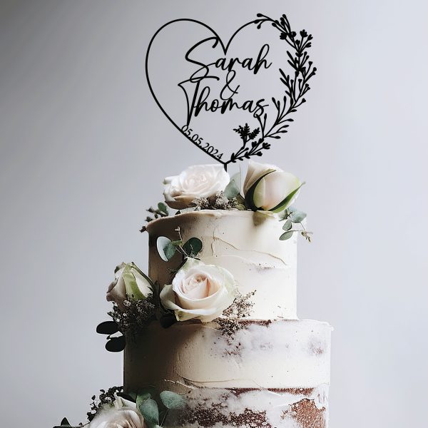 Heart Wreath Wedding Cake Topper, Custom Name Cake Topper
