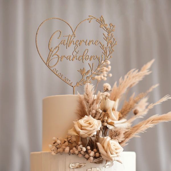 Heart Wreath Wedding Cake Topper, Custom Name Cake Topper