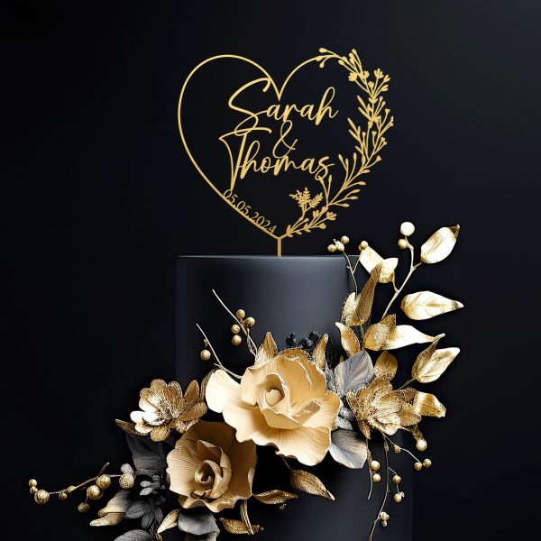 Heart Wreath Wedding Cake Topper, Custom Name Cake Topper