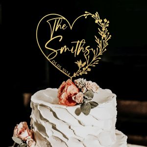 Heart Wreath Wedding Cake Topper, Custom Name Cake Topper