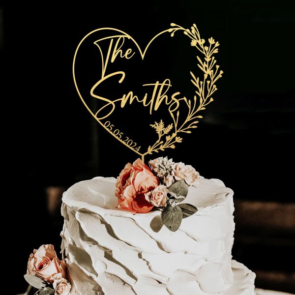 Heart Wreath Wedding Cake Topper, Custom Name Cake Topper