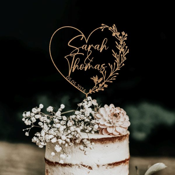 Heart Wreath Wedding Cake Topper, Custom Name Cake Topper