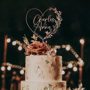 Heart Wreath Wedding Cake Topper, Custom Name Cake Topper