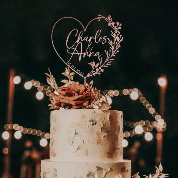 Heart Wreath Wedding Cake Topper, Custom Name Cake Topper