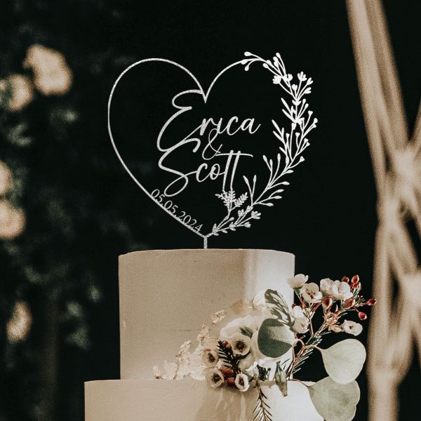 Heart Wreath Wedding Cake Topper, Custom Name Cake Topper