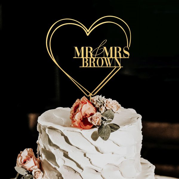 Heart Wedding Cake Topper, Mr and Mrs Cake Topper