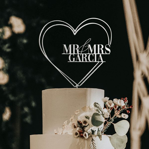 Heart Wedding Cake Topper, Mr and Mrs Cake Topper