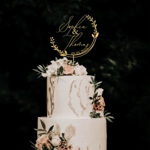 Unique Floral Cake Topper for Wedding, Custom Name and Date