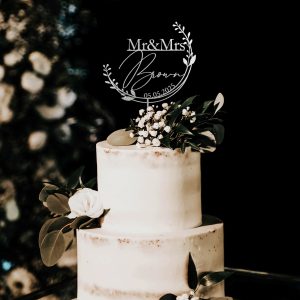 Unique Floral Cake Topper for Wedding, Custom Name and Date