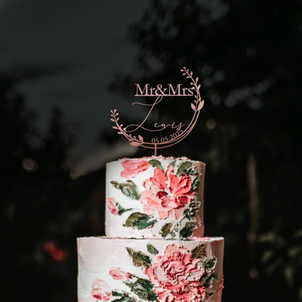 Unique Floral Cake Topper for Wedding, Custom Name and Date