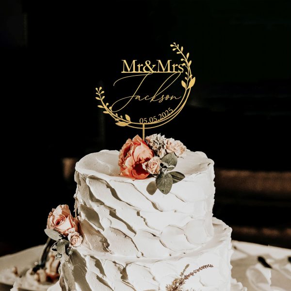 Unique Floral Cake Topper for Wedding, Custom Name and Date
