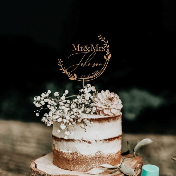 Unique Floral Cake Topper for Wedding, Custom Name and Date