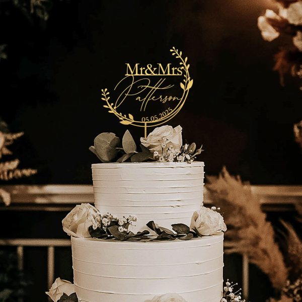 Unique Floral Cake Topper for Wedding, Custom Name and Date