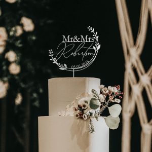 Unique Floral Cake Topper for Wedding, Custom Name and Date