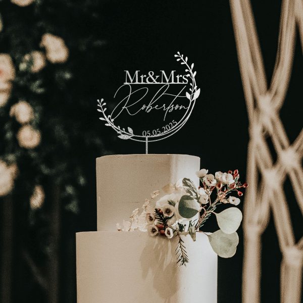 Unique Floral Cake Topper for Wedding, Custom Name and Date