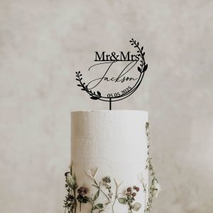 Unique Floral Cake Topper for Wedding, Custom Name and Date