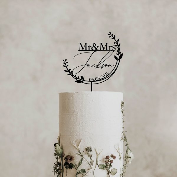 Unique Floral Cake Topper for Wedding, Custom Name and Date